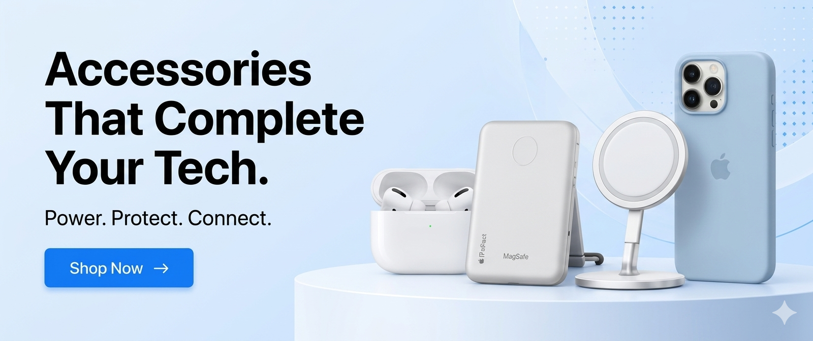 Accessories banner featuring AirPods, MagSafe battery pack, magnetic charger, and iPhone